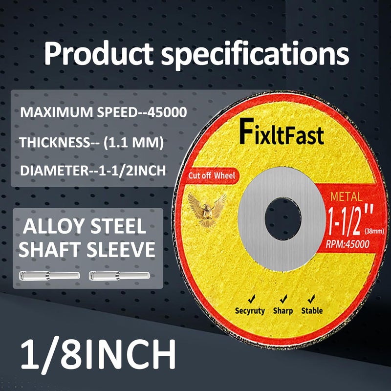 Fix It Fast 1-1/2 Cut Off Wheels,1.5" x 1/8" Fiberglass Reinforced Metal Cutting disc for Rotary Tool Accessories Include Mandrels - 32 Pack - Image 2